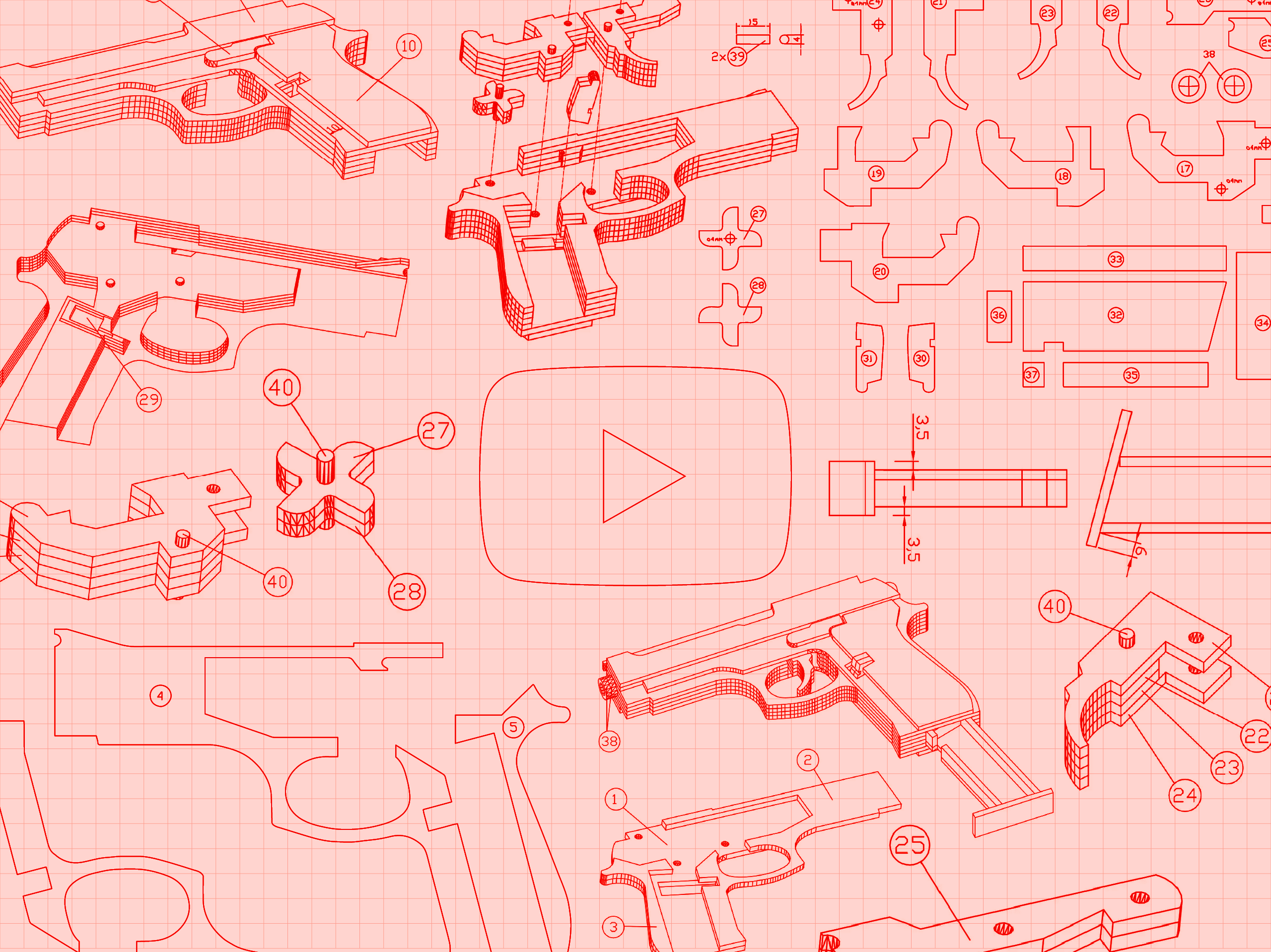 Um mosaico vermelho com diversos desenhos de armas sendo construídas