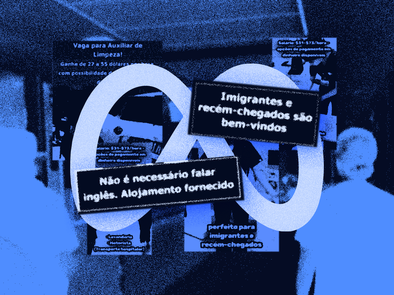Ilustração em tons de azul. Colagem de prints de anúncios. Ao centro, o logo da Meta. "Não é necessário falar ingles. Alojamento fornecido. Imigrantes e recém-chegados são bem-vindos."